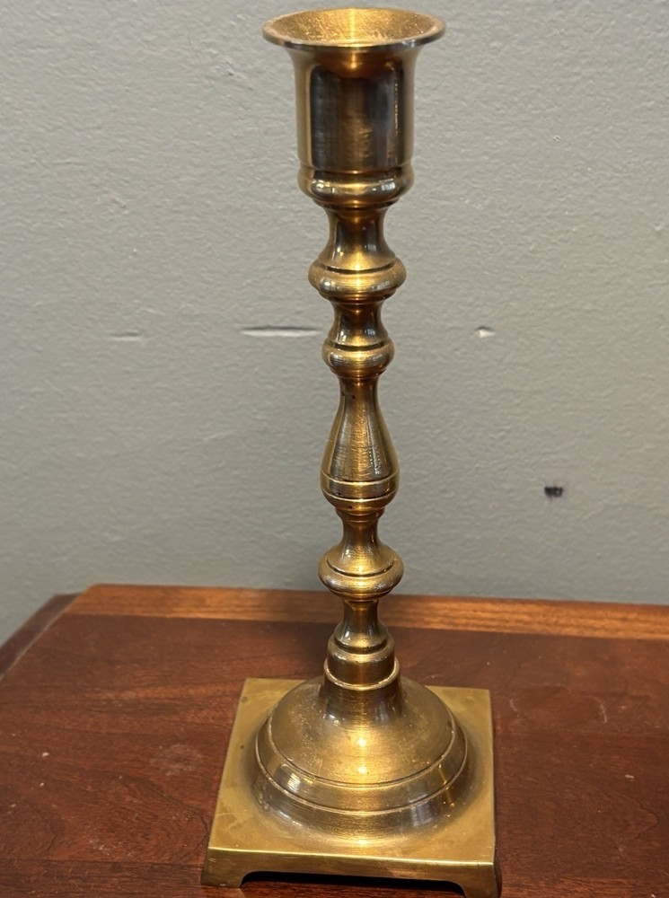 Vintage Pair 8" Solid Brass Candlesticks Square Base Made in Hong Kong