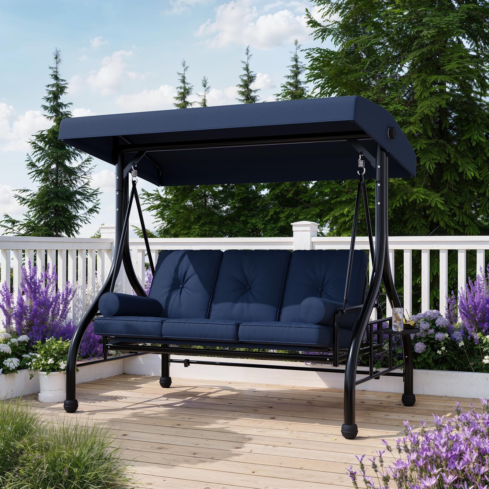 Outdoor Porch Swing with Adjustable Canopy 3-Seat Garden Patio Swing Chair