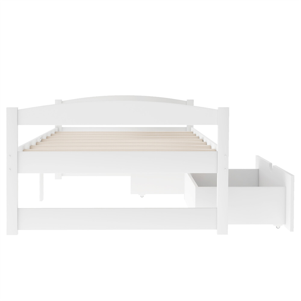 Twin Size Platform Bed Two Drawers White Solid Wood Frame Simple Single-layer