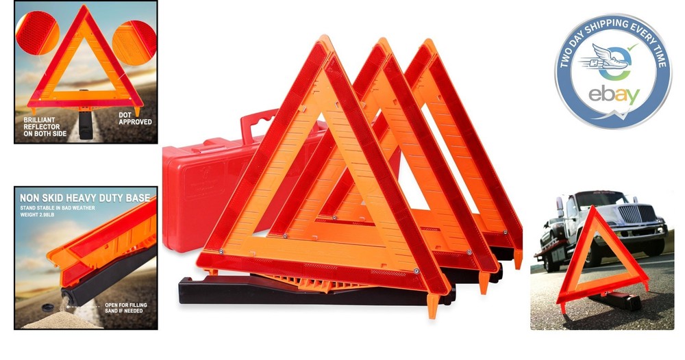 Emergency Reflective Warning Triangle Kit - DOT Certified 3 Pack with Sand Base