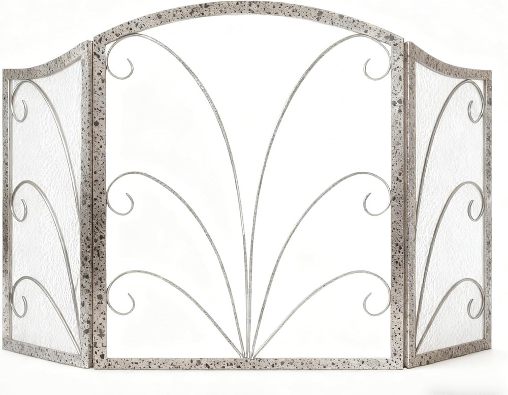 3-Panel Arched Fireplace Screen Decorative Handcrafted Scroll Wrought Iron