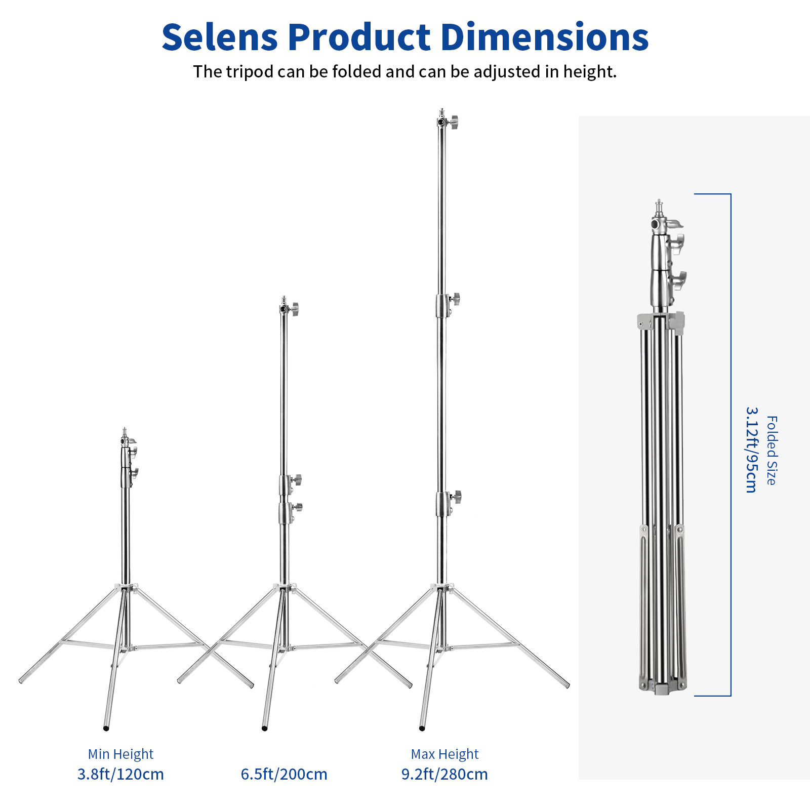 9.2ft Heavy Duty Light Stand Adjustable Tripod Stainless Steel Spring Damped