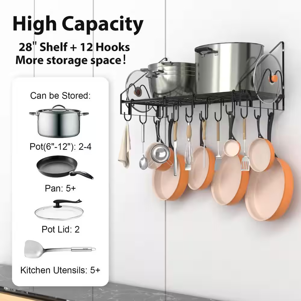 34.7 In. L X 13 In. W X 12.6 In. H Black Steel Wall Mounted Pot Rack with 12 Hoo