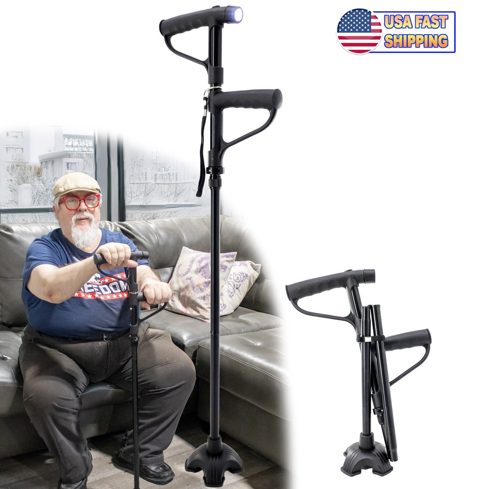 Walking Cane w LED Light  2nd Rotating Support Handle Folding Self Standing Base