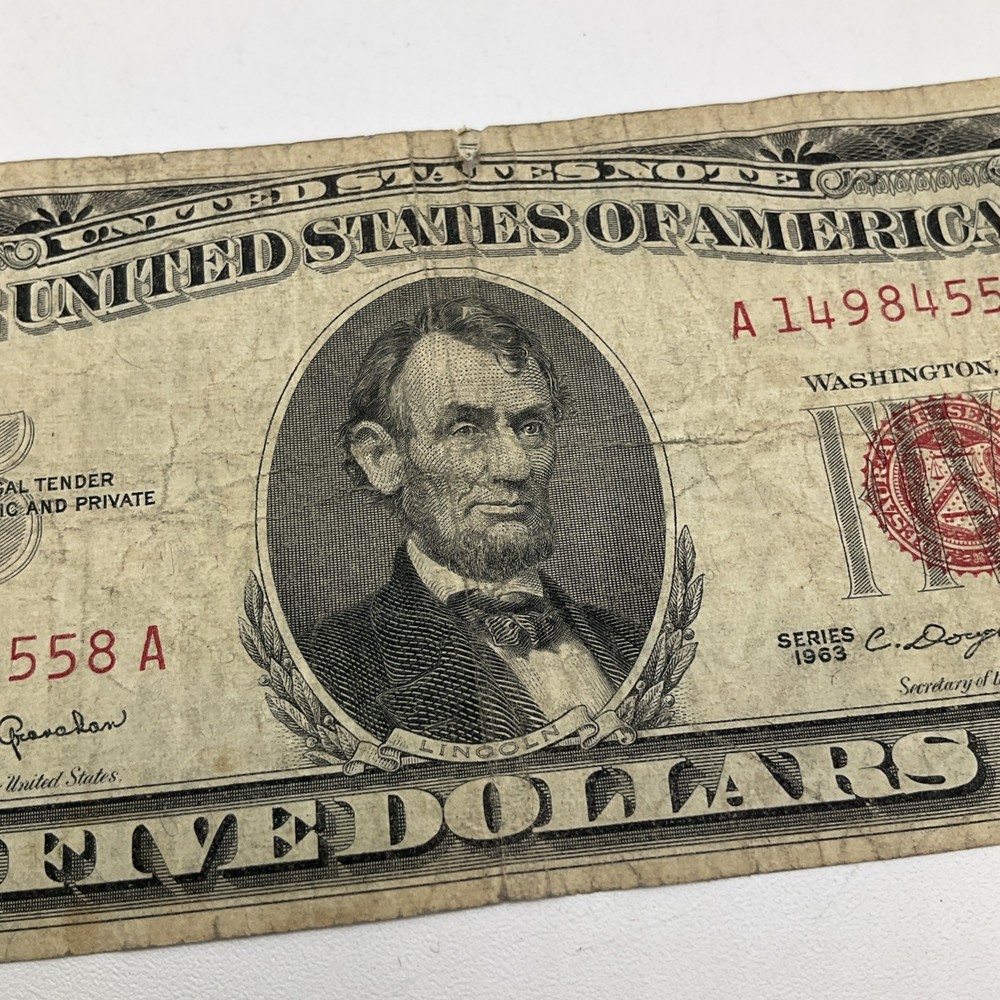 QTY (2) Series 1963 Five Dollar Bill $5 US Note Red Seal
