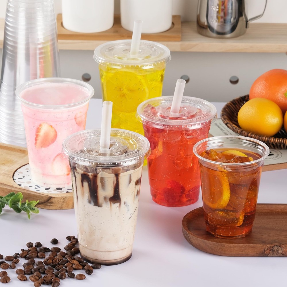 16 OZ Compostable Clear Plastic Cups Disposable Iced Coffee with Flat Lids