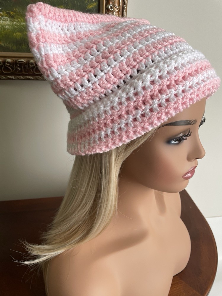 Pink and White Cat Ear Beanie Hat - Handcrafted