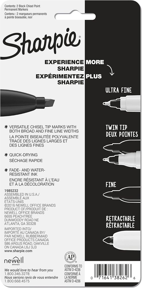 Sharpie Broad Tank Chisel Tip Black Permanent Marker, 2 Markers 1 Pack