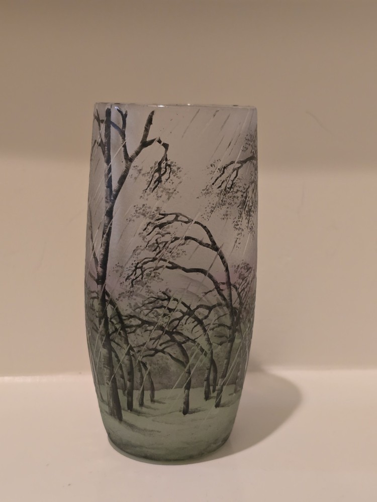 Daum Nancy "Rain Landscape" Windswept Trees and Vertical Rain. Signed.