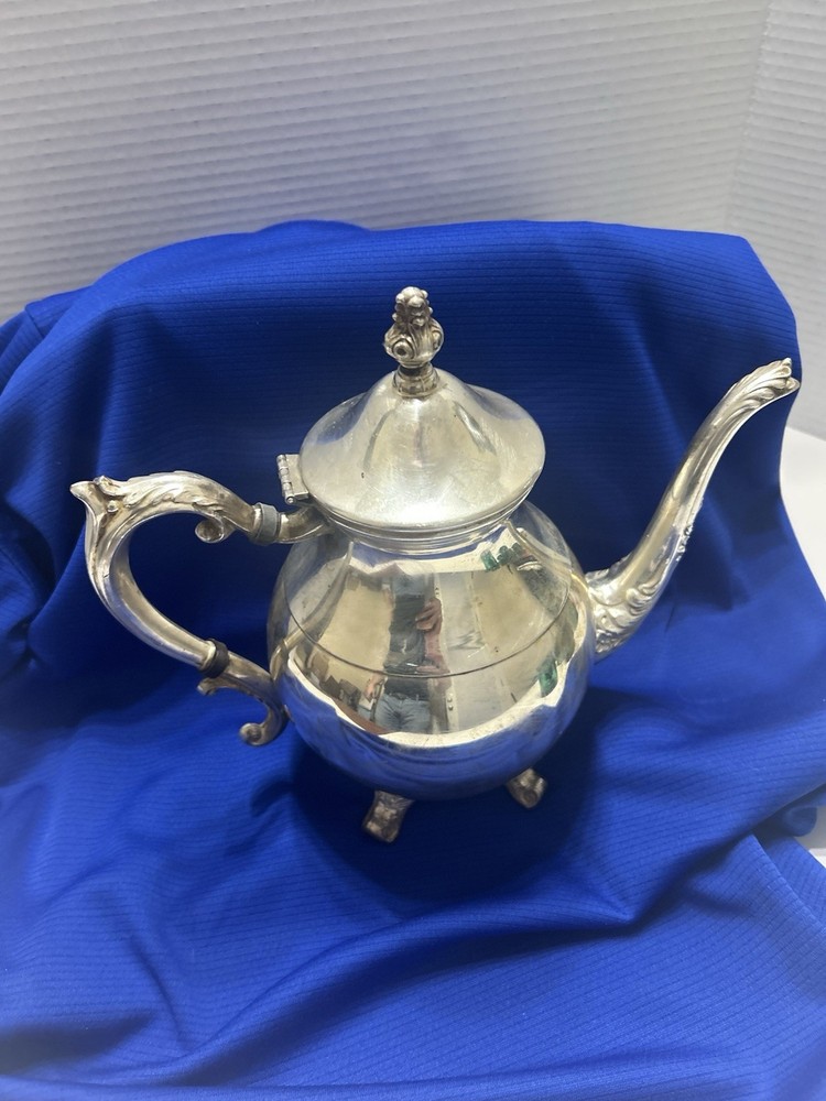 Antique Victorian Style Ornate Footed Silverplate Teapot Decorative Tableware