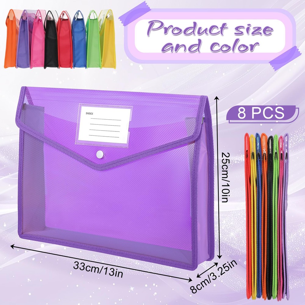 8 Pack Plastic Expanding File Folders, Plastic File Folders, Multicolor
