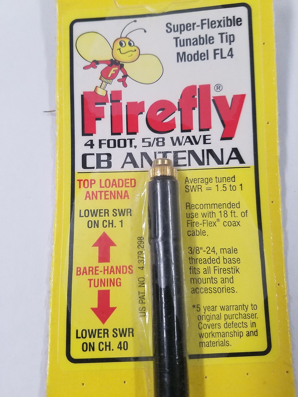 Firestik Firefly FL4 Black 4 ft Flex Fiberglass CB Radio Antenna w/ tuneable tip