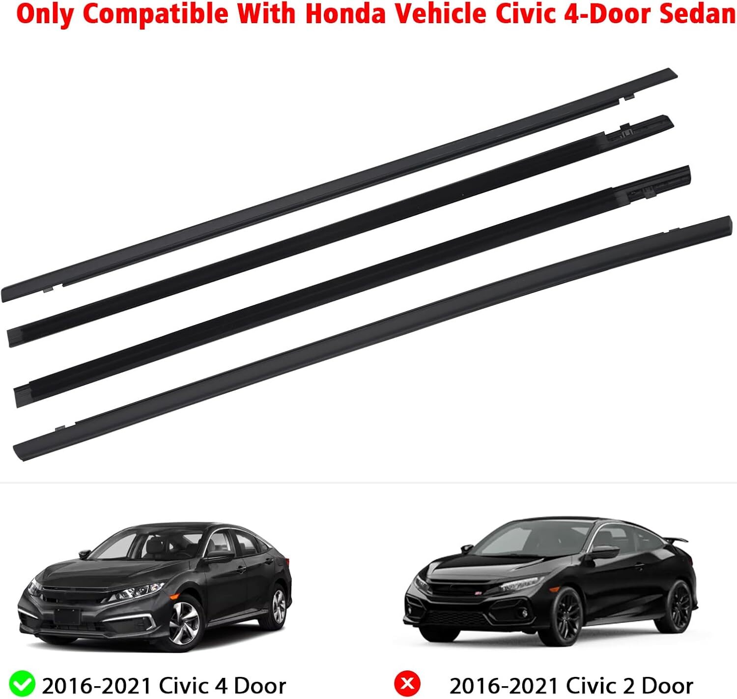 4 PACK Sello burlete moldura ventana exterior coche para Honda Civic 2016 - 2021