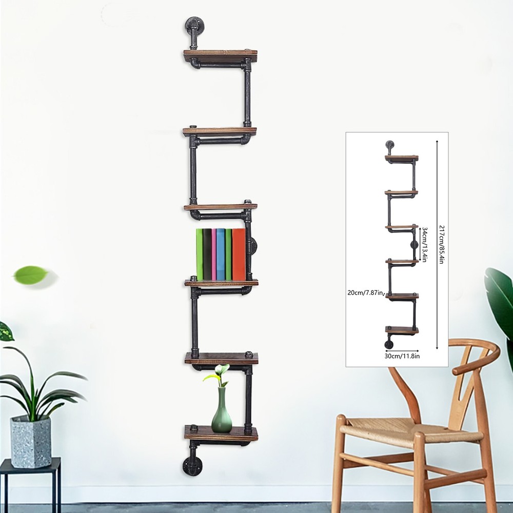 6Tier Shelf Industrial Bracket Rustic Iron Pipe Wall-Mounted Floating Rack Shelf