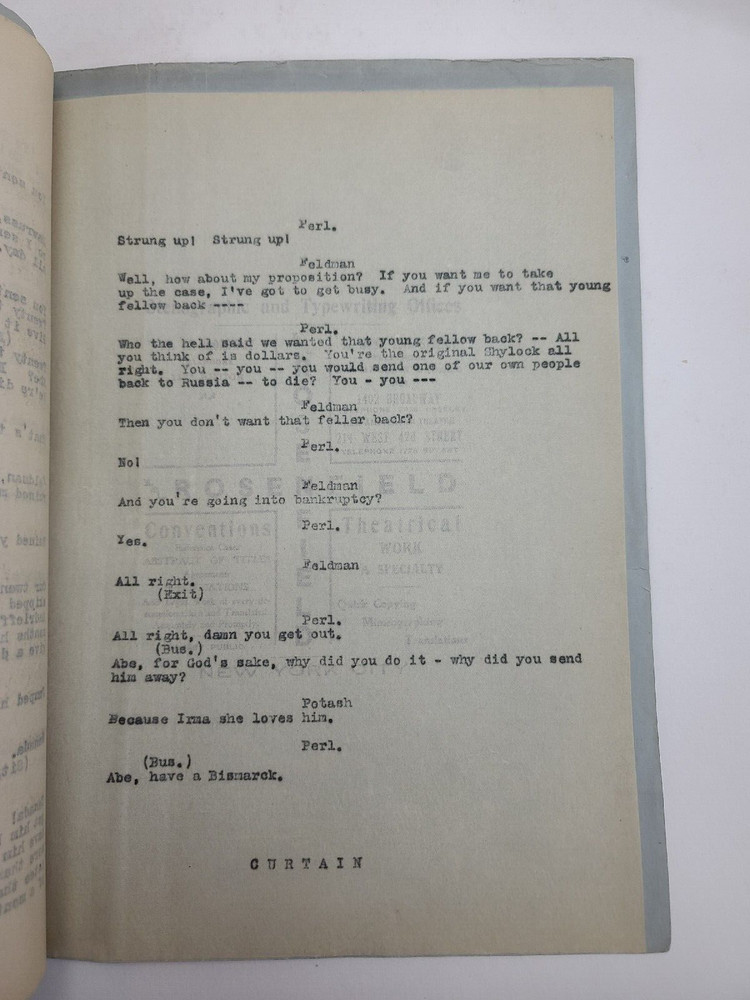 POTASH AND PERLMUTTER / 1914 Broadway Play Script, produced by A. H. Woods