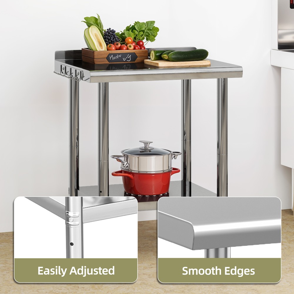 30" Work Table Stainless Steel Undershelf Kitchen Prep Backsplash w/ Hook Wheels