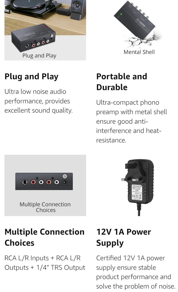 LiNKFOR Phono Preamplifier PP400 + Power Adapter RCA Input Output for Turntable