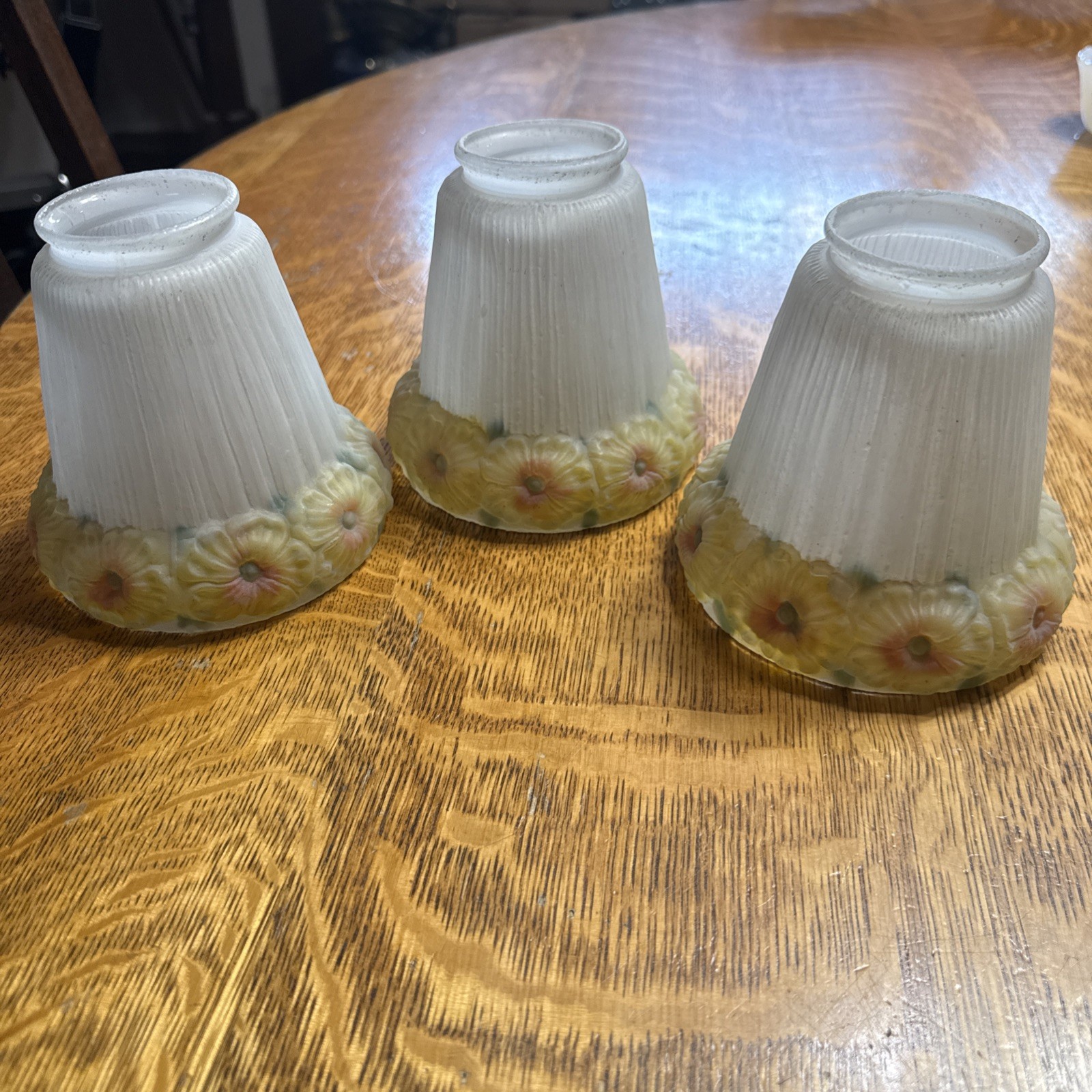 Antique Set 3 Reverse Painted Glass 4 5/8" Shades Yellow Flowers 2-1/4" Fitter