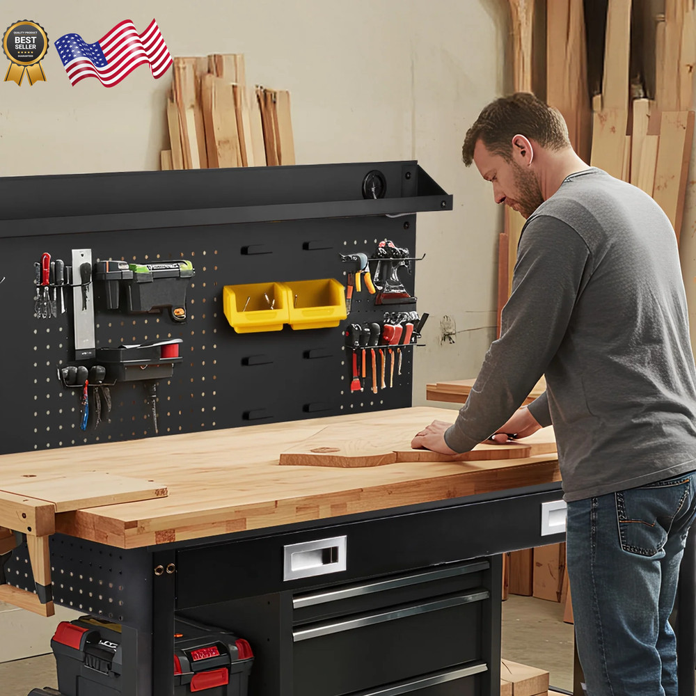 Multifunctional Workbench 60X22" with Pegboard Worktable W/ Power Outlets, LED