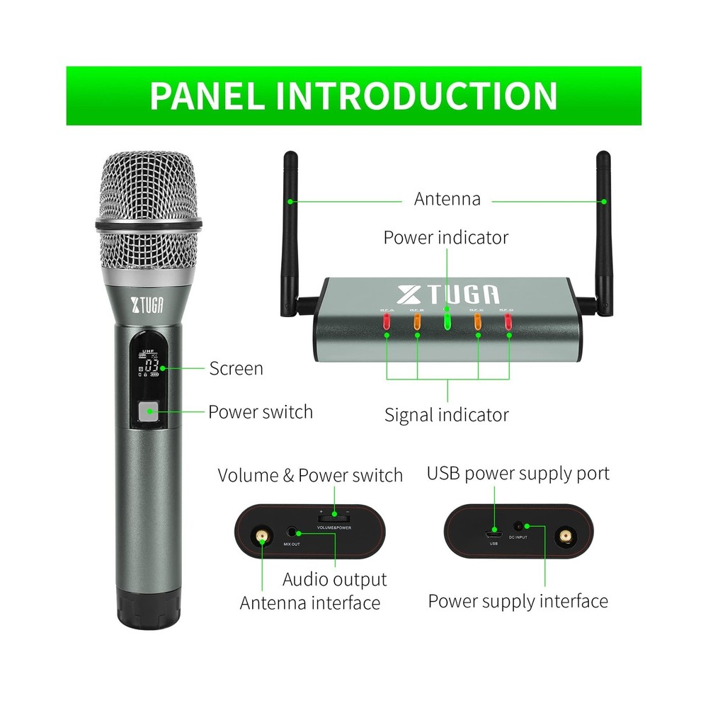 XTUGA UF4600 4 Channel UHF Wireless Microphone System Cordless Microphone wit...