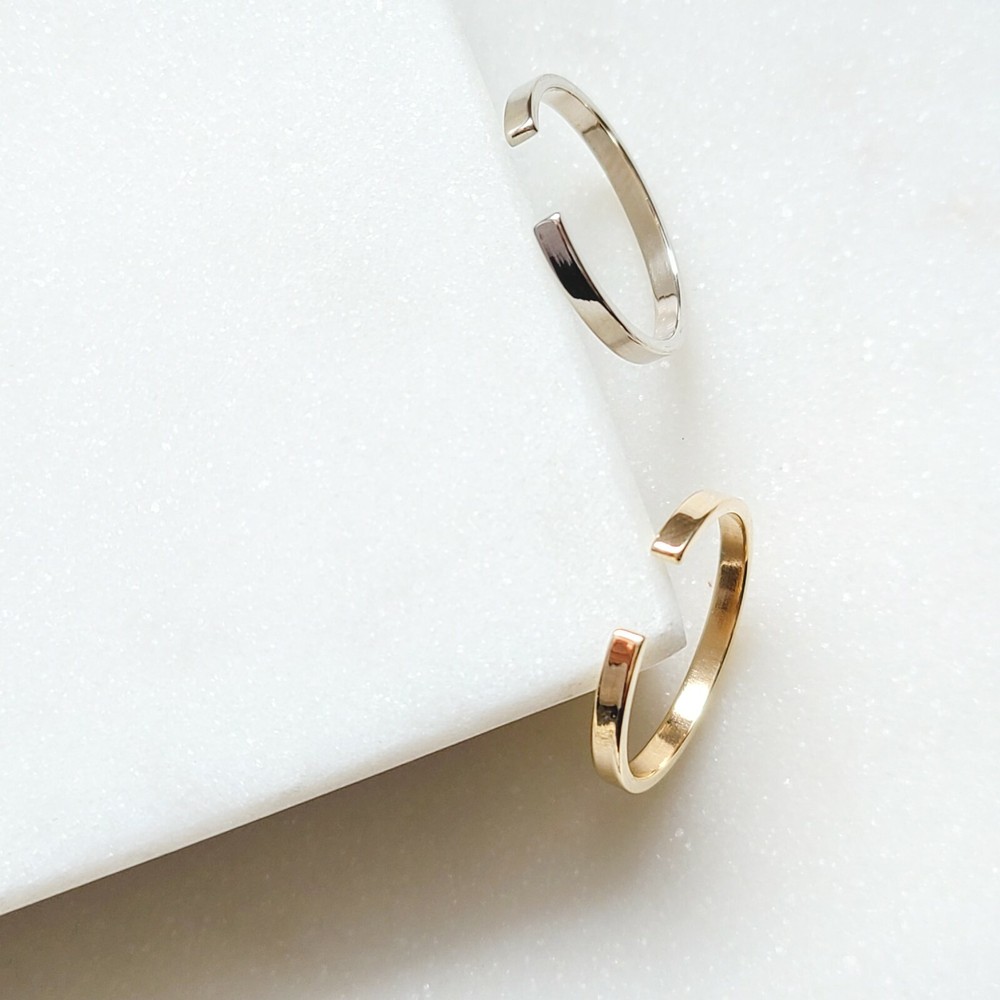 10k Solid Gold Stackable Open Cuff Ring, Yellow White Flat Open Cuff Rings