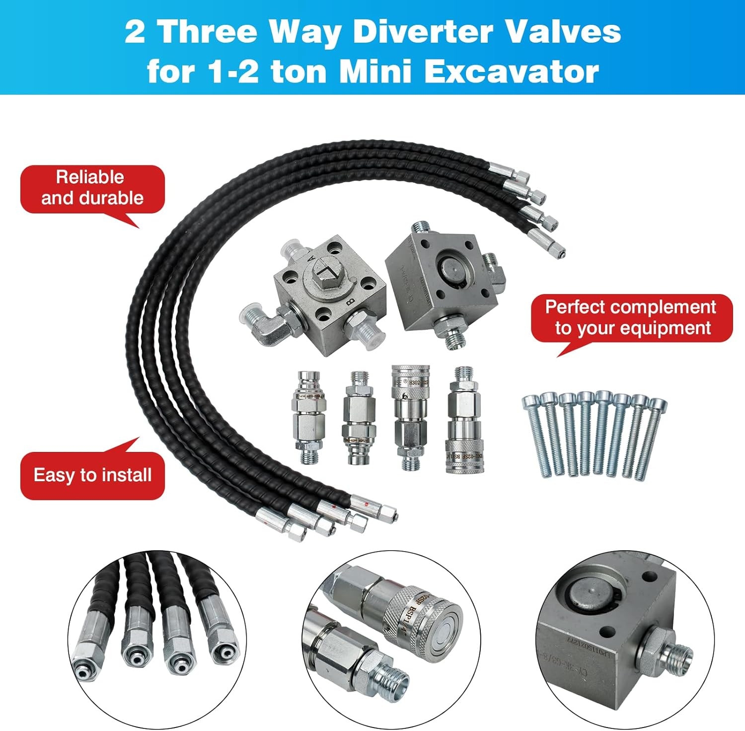 2 Three Way Diverter Valves for 1-2 ton Chinese Mini Excavator w/ Quick Connects