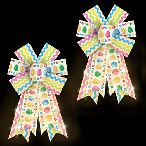 Threetols 2PCS LED Easter Wreath Bows, LED Light Spring Colorful Stripe Bows