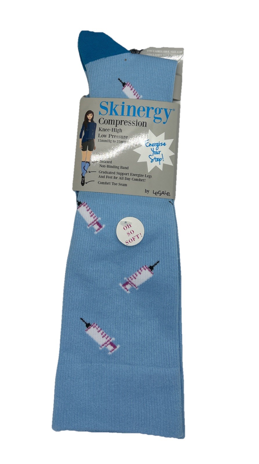 Skinergy Blue w/ Syringe print Compression Socks Fits Ladies Shoe Sz 4-10