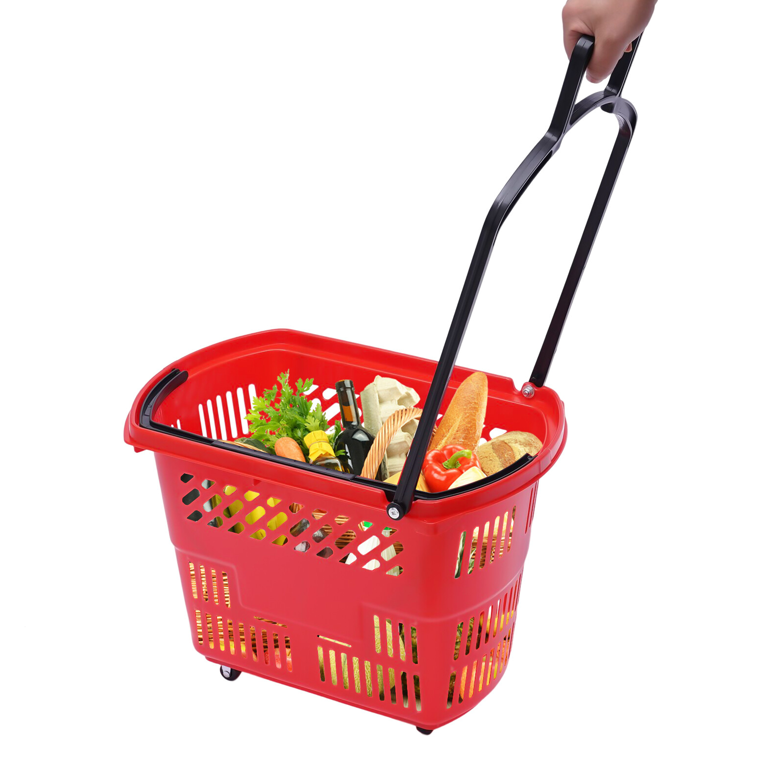 6Pcs Red Rolling Shopping Basket Plastic Rolling Shopping Carts with Handle 35L