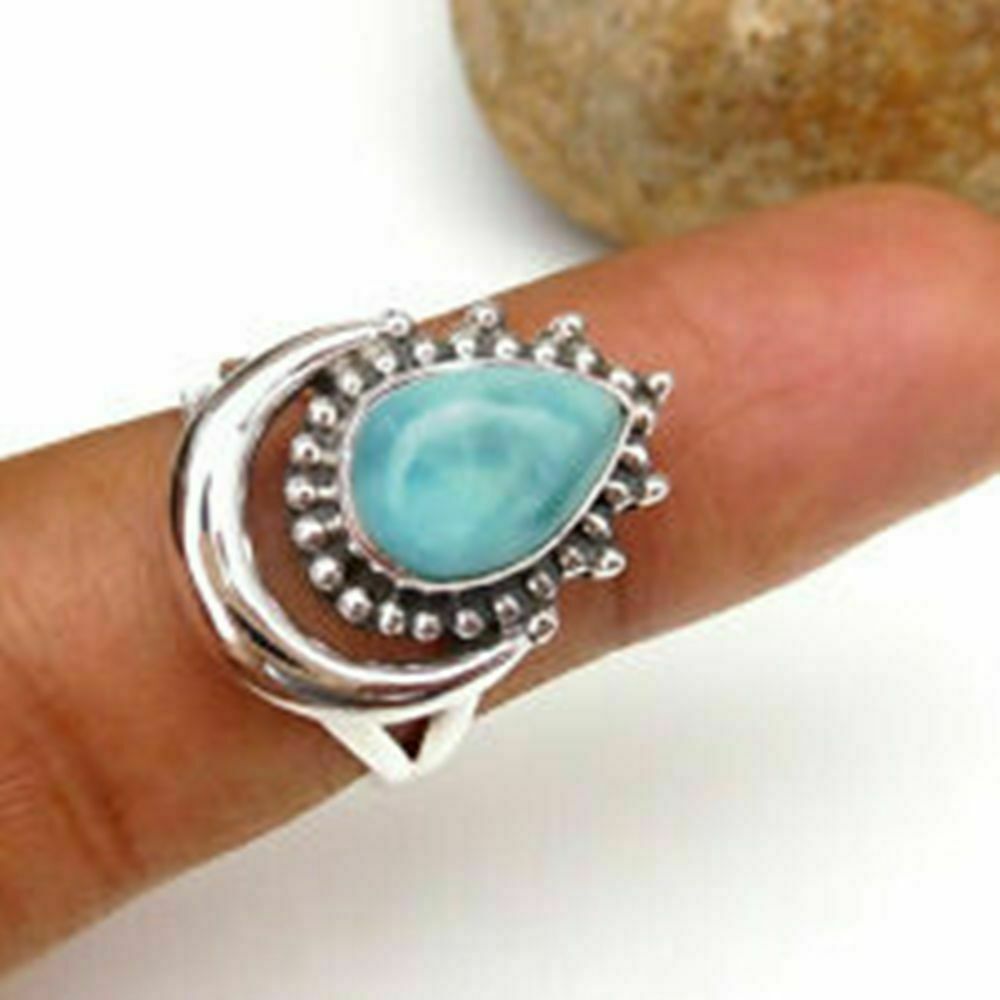Alluring Caribbean Larimar Gemstone 925 Sterling Silver Ring All Size