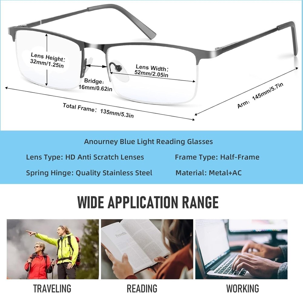 Blue Light Blocking Glasses, Lightweight Metal Half Frame Computer