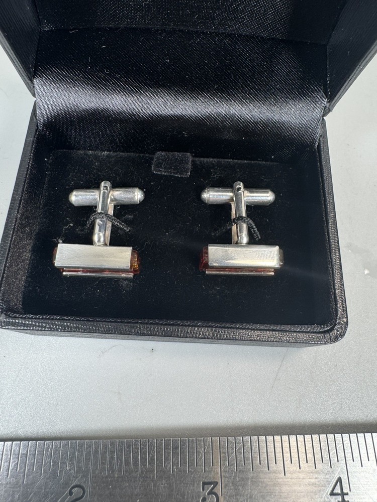 Sterling Silver 925 Cufflinks with Baltic Amber Rectangular Design – New in Box