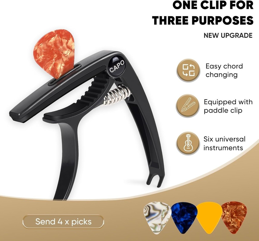 Precision Guitar Capo for 6-String and Multi-Instrument - Includes 4 Picks