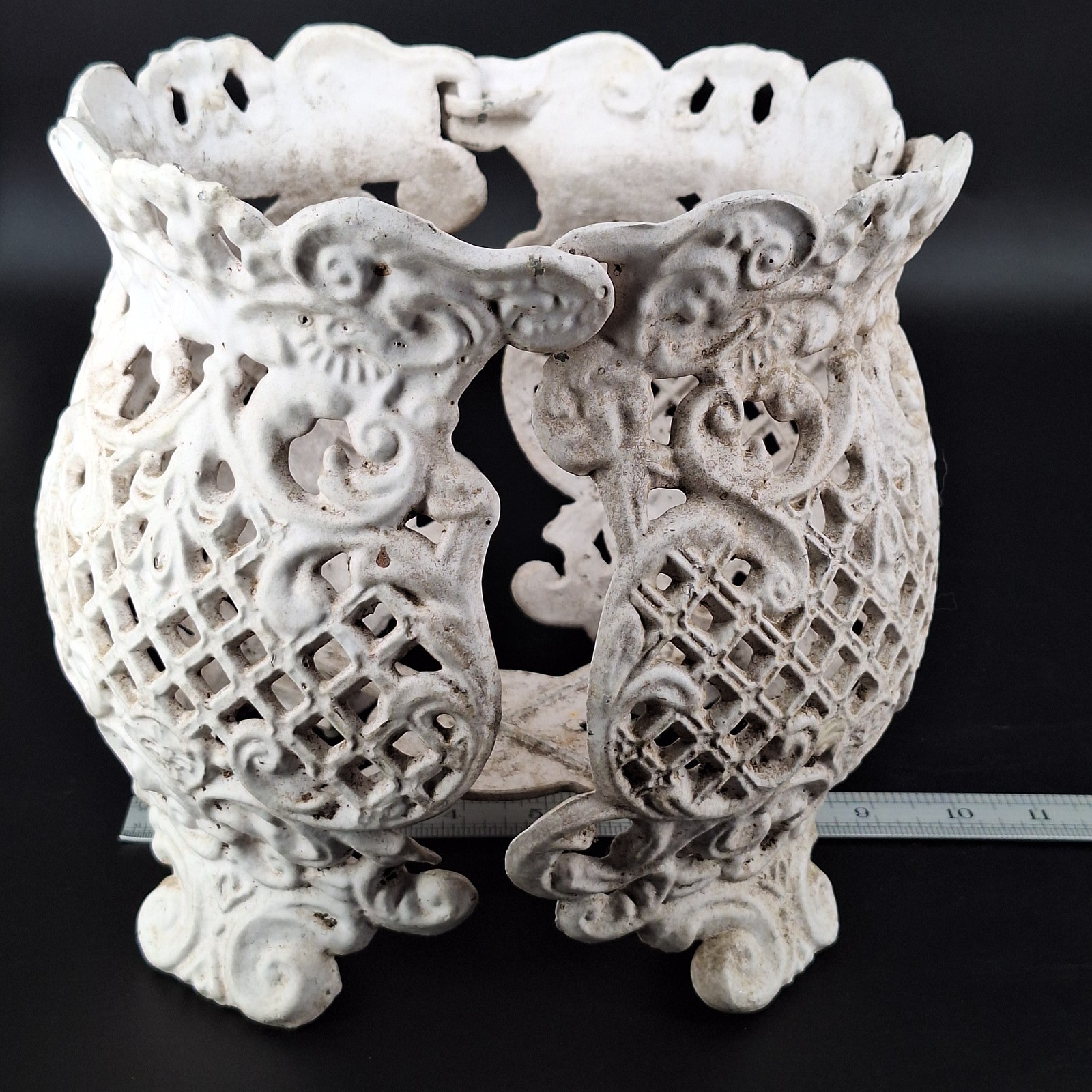 Antique Cast Iron Planter Holder Ornate Lattice White Garden Decor