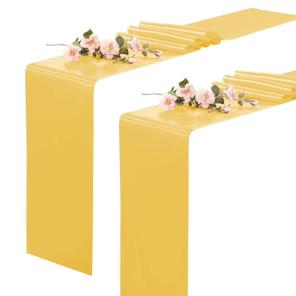 2 Pack Gold Table Runners 12 x 108 Inch Rectangular Smooth Satin Silk Table R...