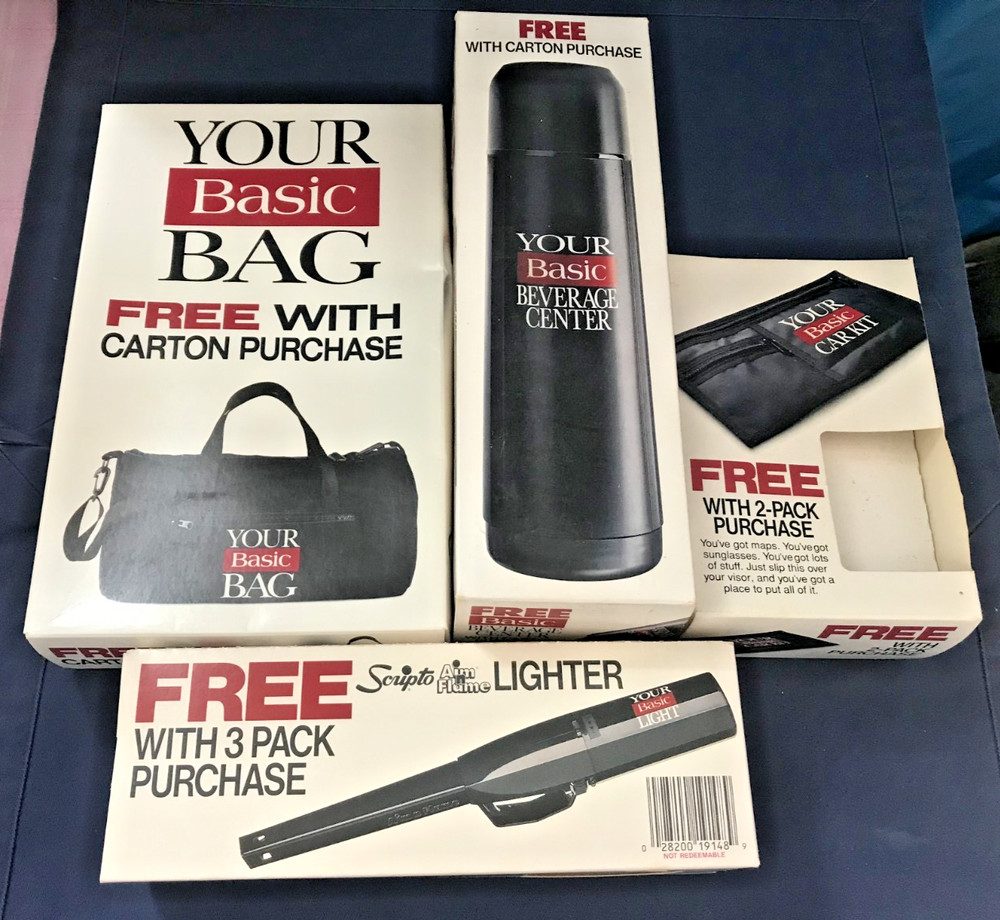 NIB VINTAGE BASIC CIGARETTE TABACCO, FREE WITH PURCHASE PREMIUMS, BAG, LIGHTER,