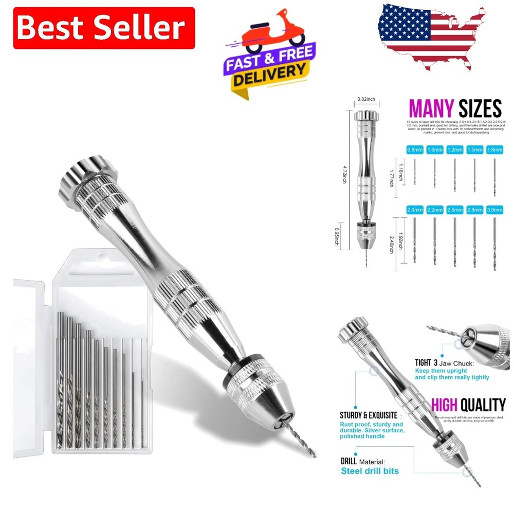 Compact Manual Pin Vise Hand Drill with 10 Drill Bits for Crafting, model tools