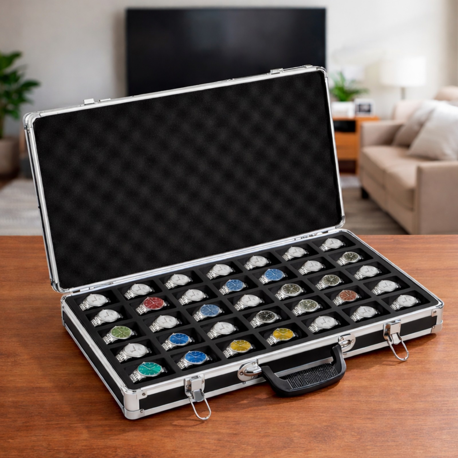 35 Slots Large Watch Organizer Box Aluminum Lockable Jewelry Storage Suitcase