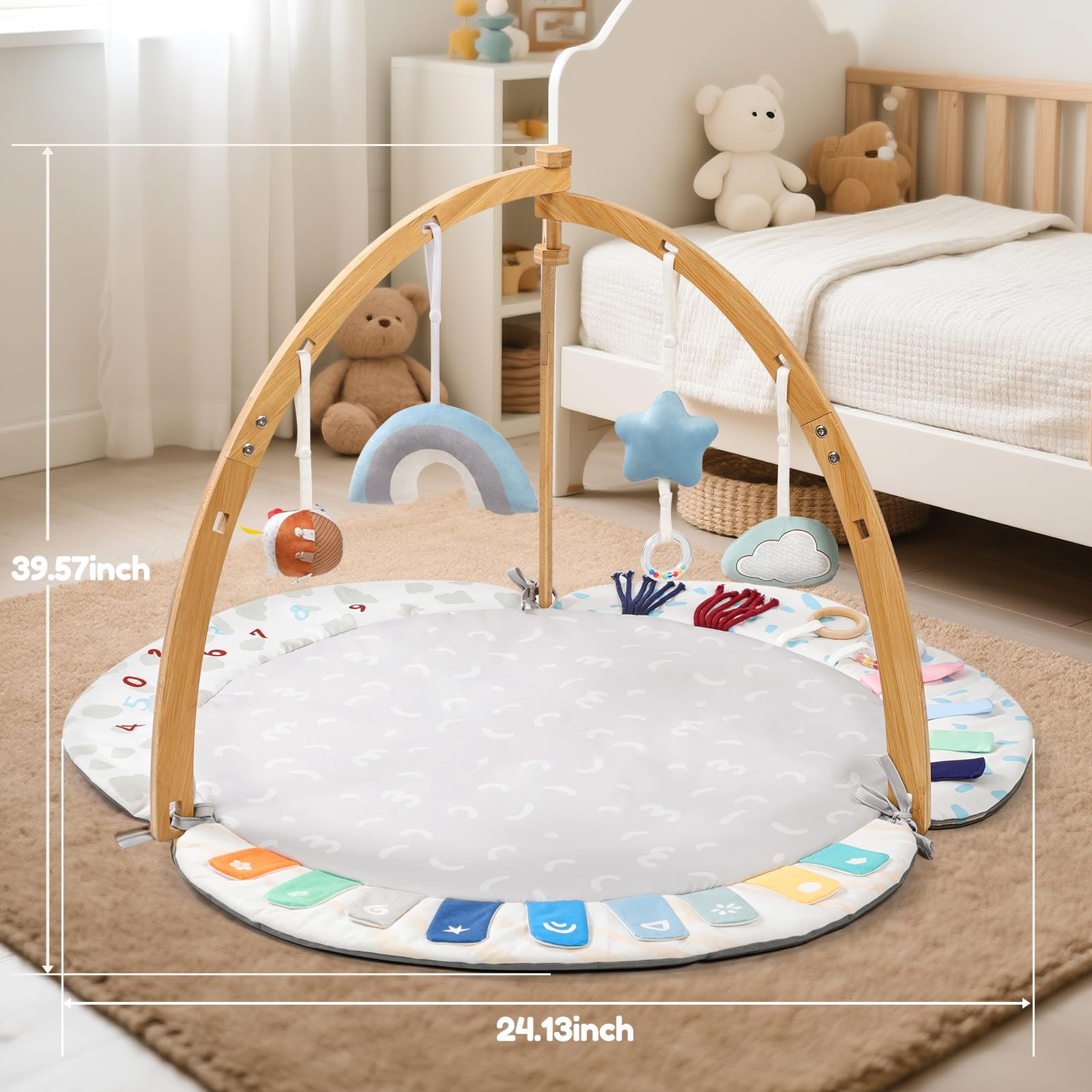 Baby Play Gym & Activity Mat,Natural Organic Bamboo Frame with 4 Detachable S...