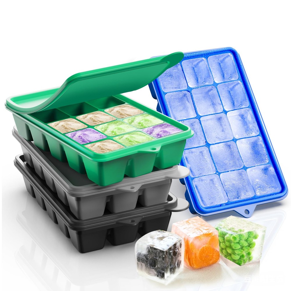4 Pack Silicone Ice Cube Trays with Lids Easy Release 60 Grids Stackable Square