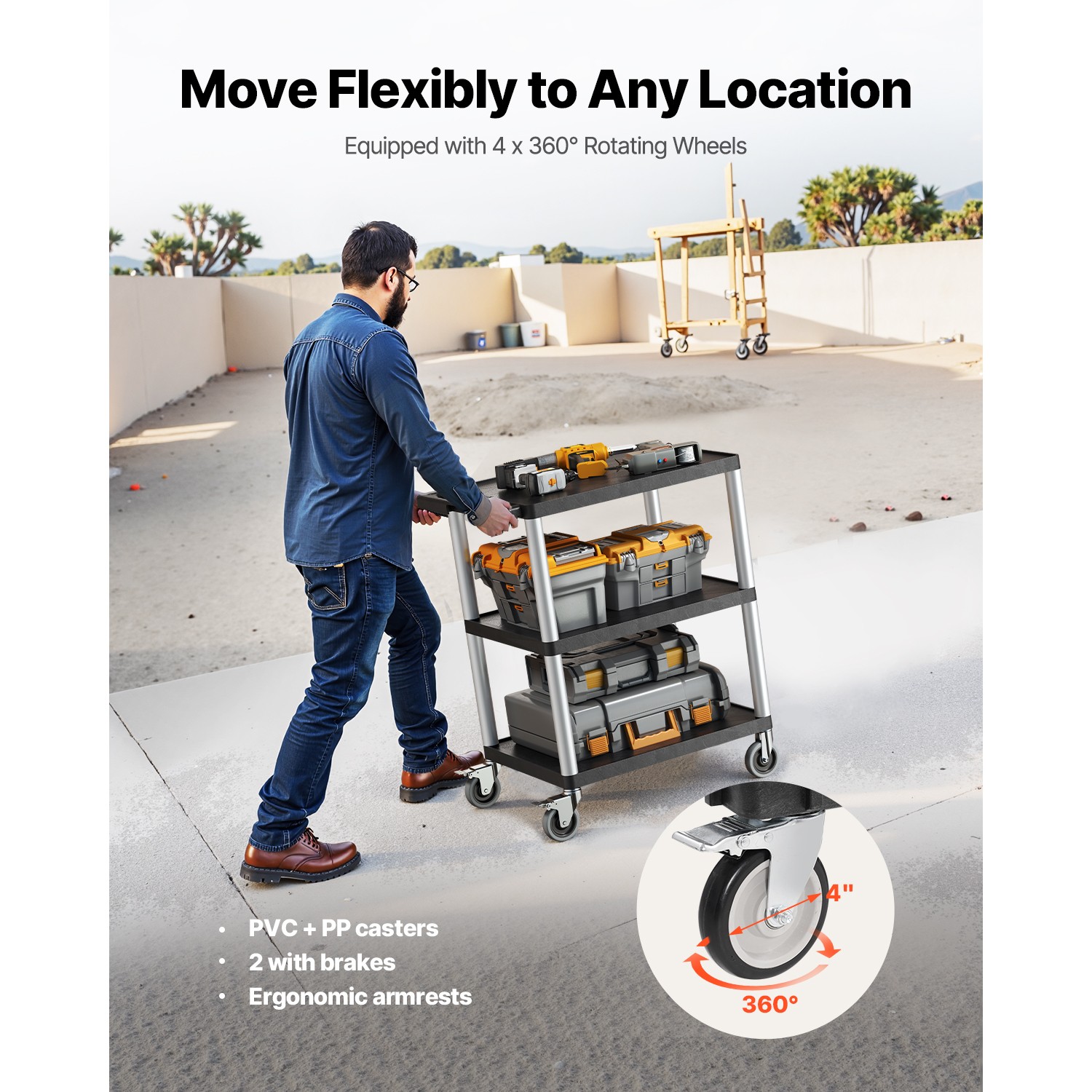 3-shelf Utility Cart 300 lbs 27.6 x 18.1-inch Service Cart with Wheels