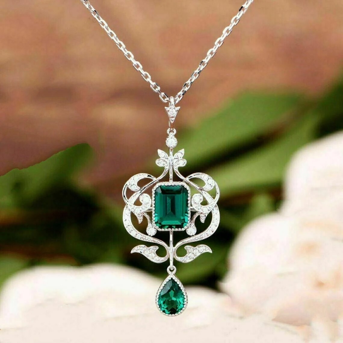 Floral Art Deco Style Emerald & Lab Created Diamond 14K White Gold FN Pendant