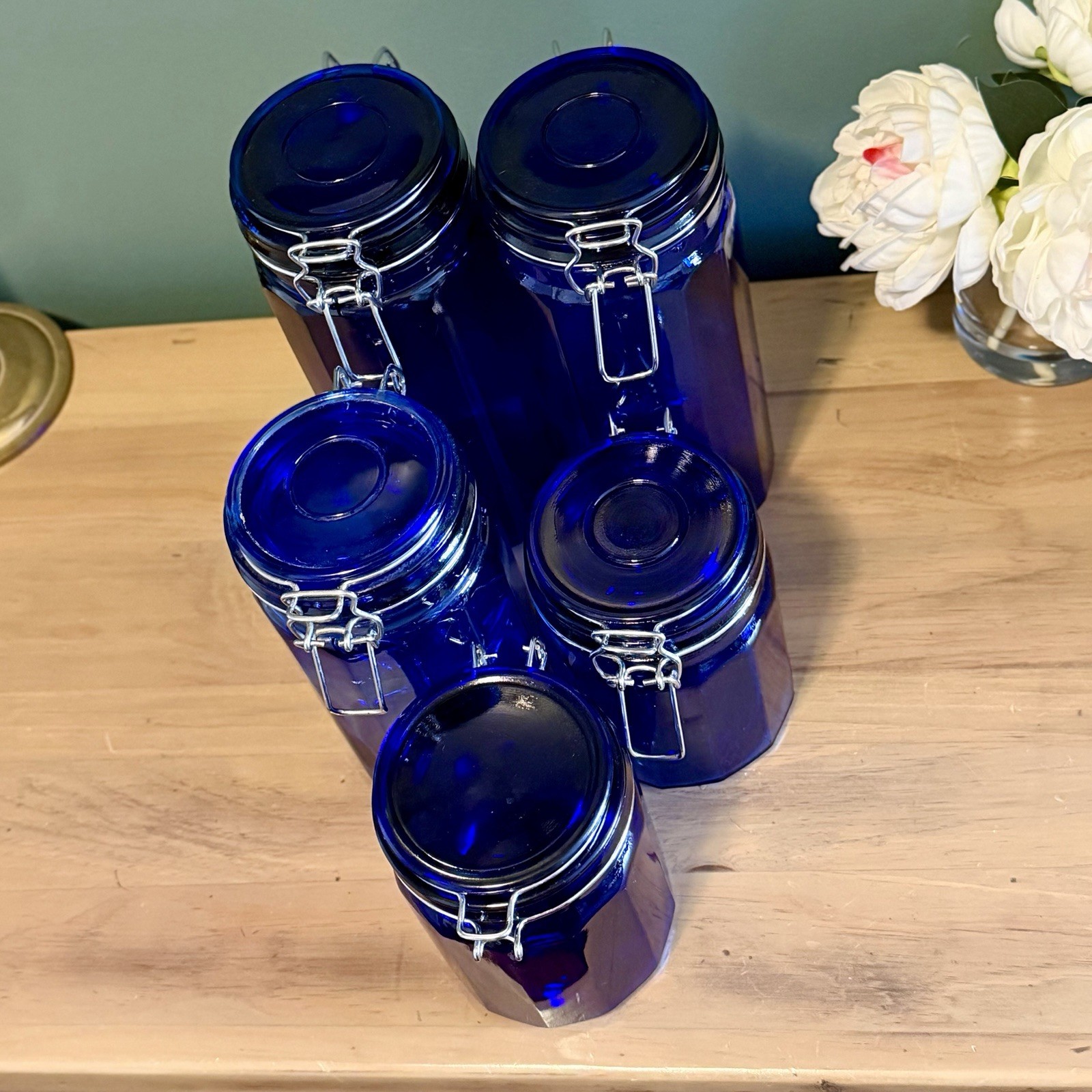 Vintage Cobalt Blue Glass Canister Set 5 Wire Bale Jars Italian Glass