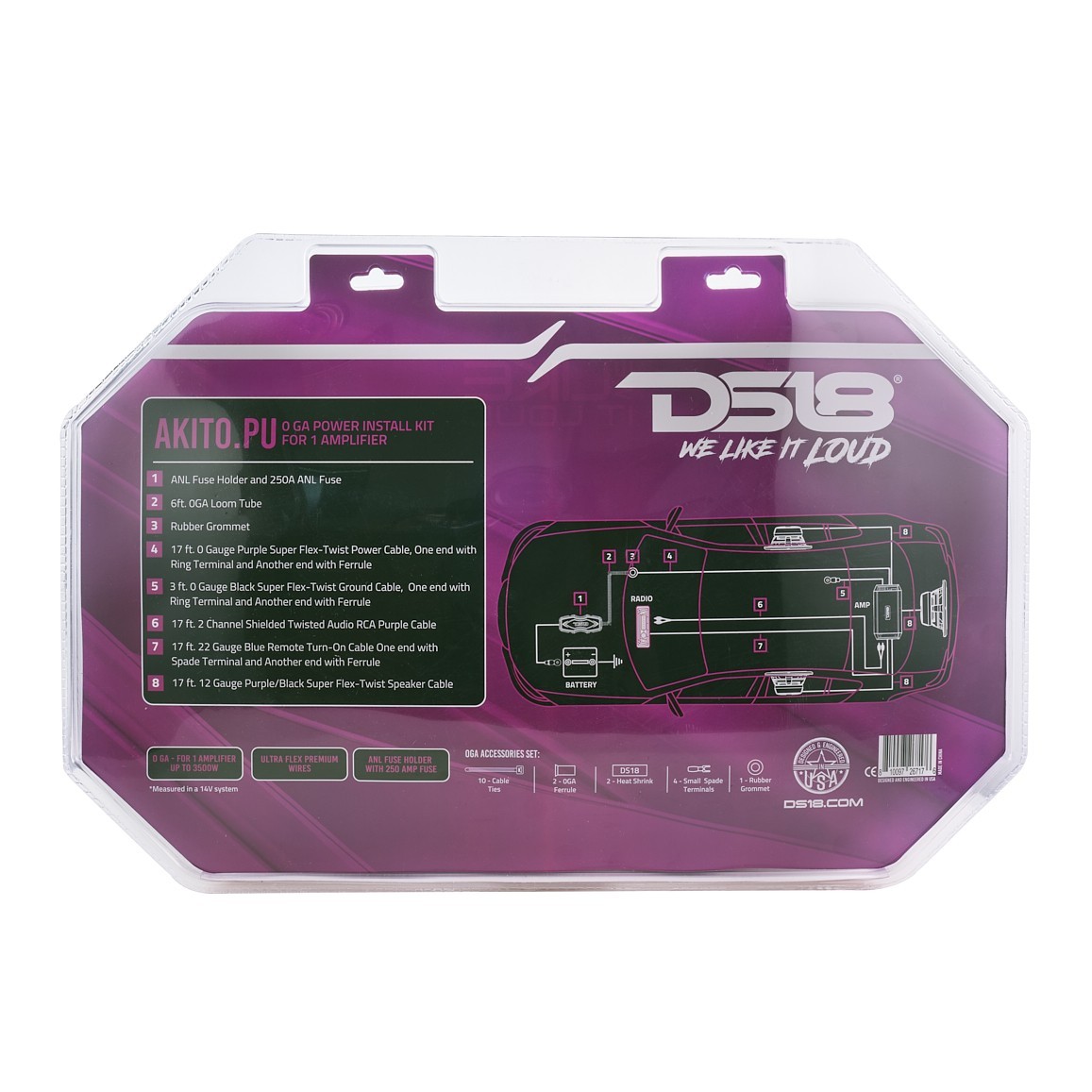 DS18 AKIT0.PU 0-GA Amplifier Installation Wiring Kit - Purple
