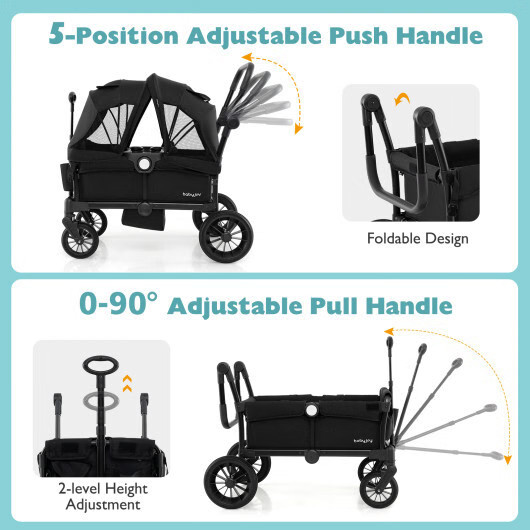 2 Seater Push Pull Collapsible Kids Wagon Stroller with Adjustable Handlebars-Bl