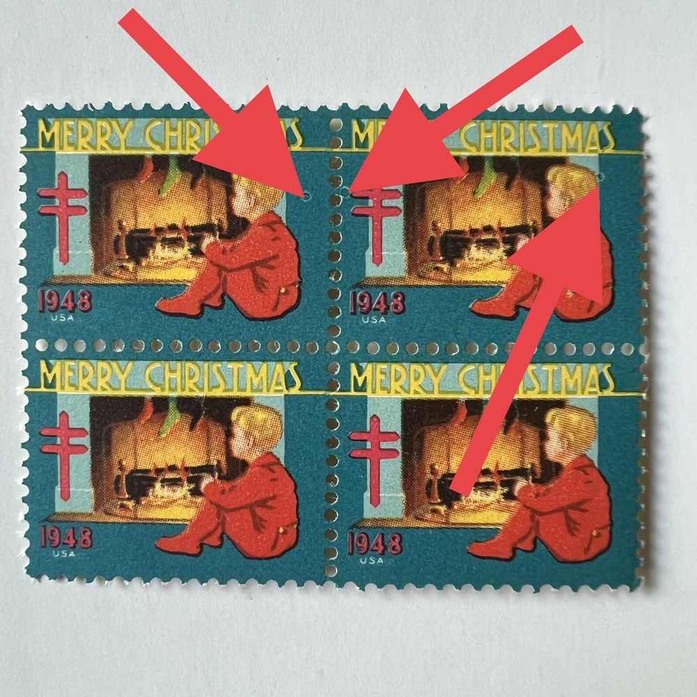 ERROR 1948 CHRISTMAS SEAL BLOCK WITH MULTIPLE CIRCULAR MARKINGS MNH