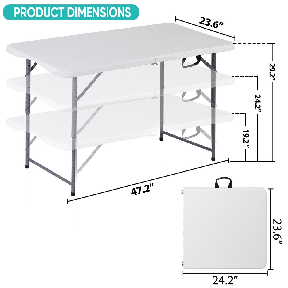 Folding Table 4 FT Portable Fold-in-Half Adjustable Plastic Camping Table White