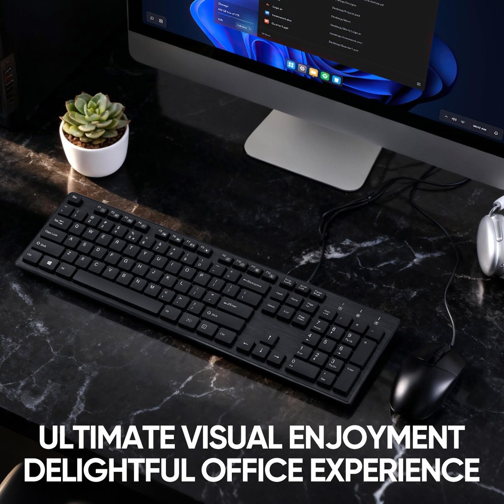 Black Wired Ergonomic Keyboard Optical Mouse Combo FullSize USB Desktop