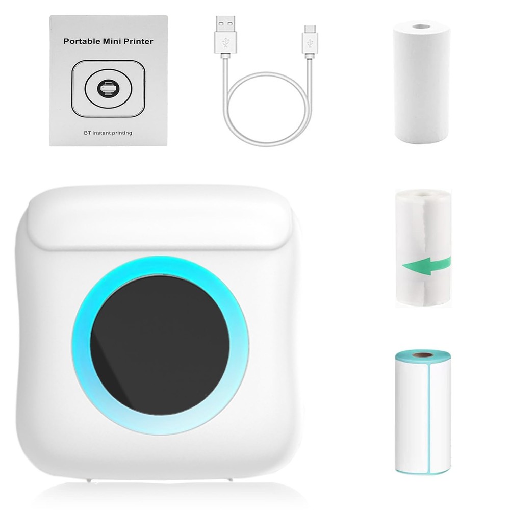 Mini Printer,Portable Bluetooth Inkless Sticker Printer with Sticker Paper an...