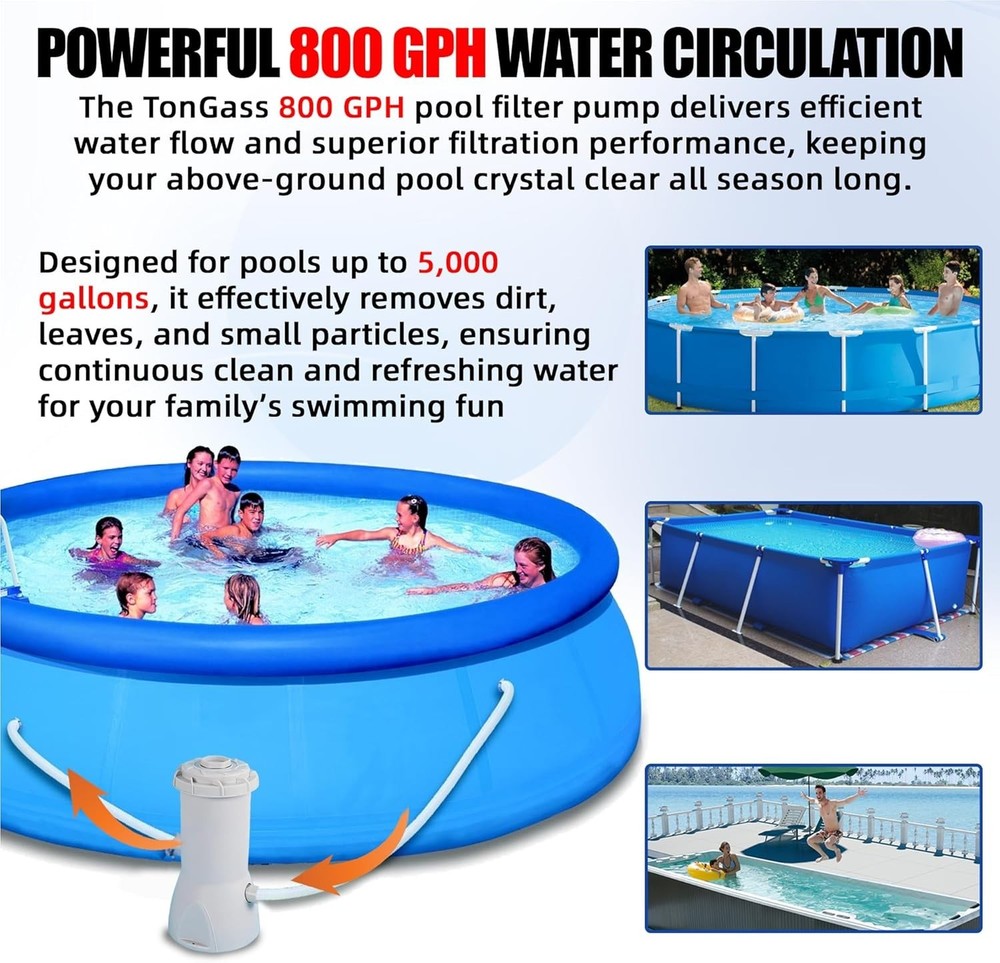 800 GPH Pool Filter Pump for Above Ground Pools, Powerful Circulation System wi